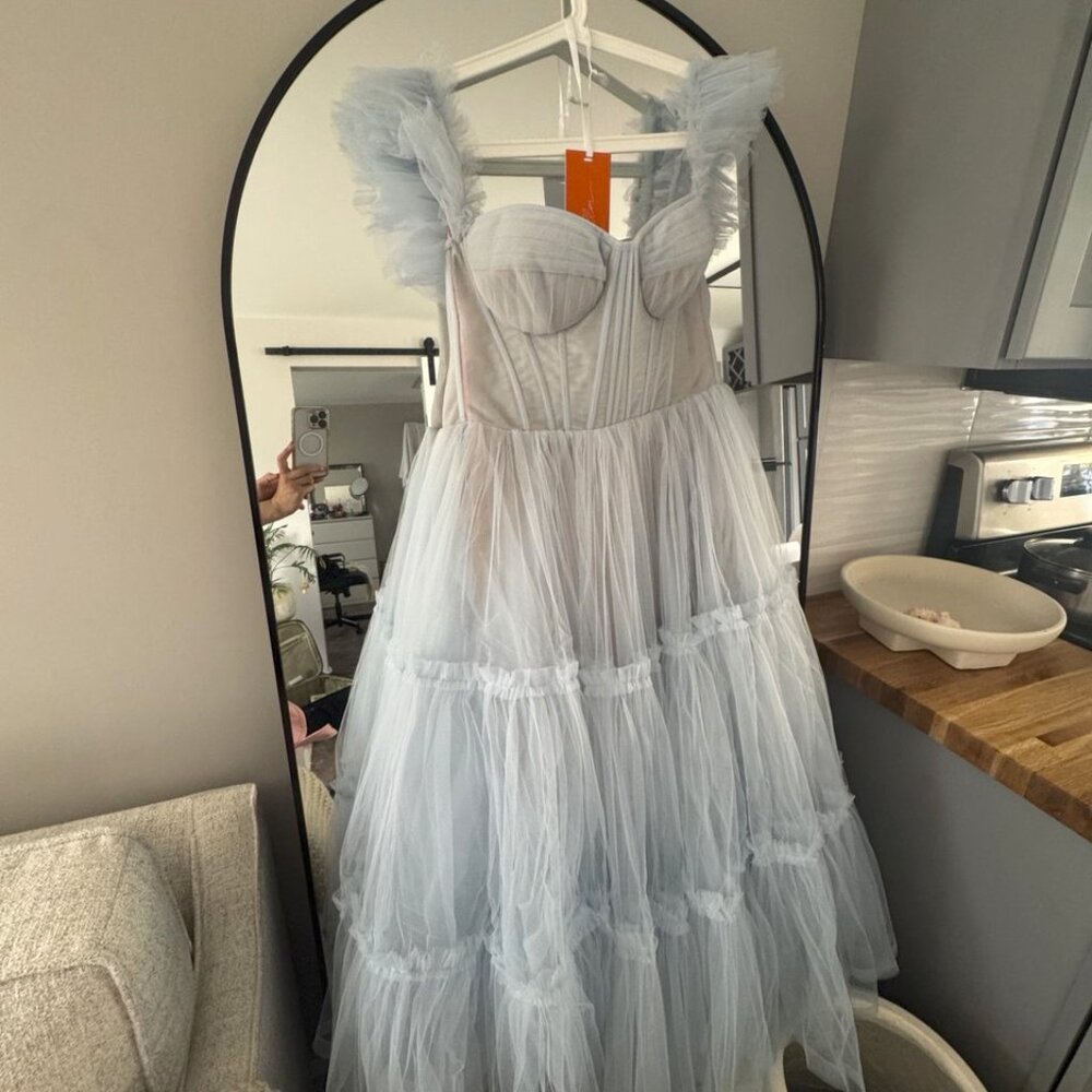 Light Blue Ruffled Tulle Midi Dress by Milla